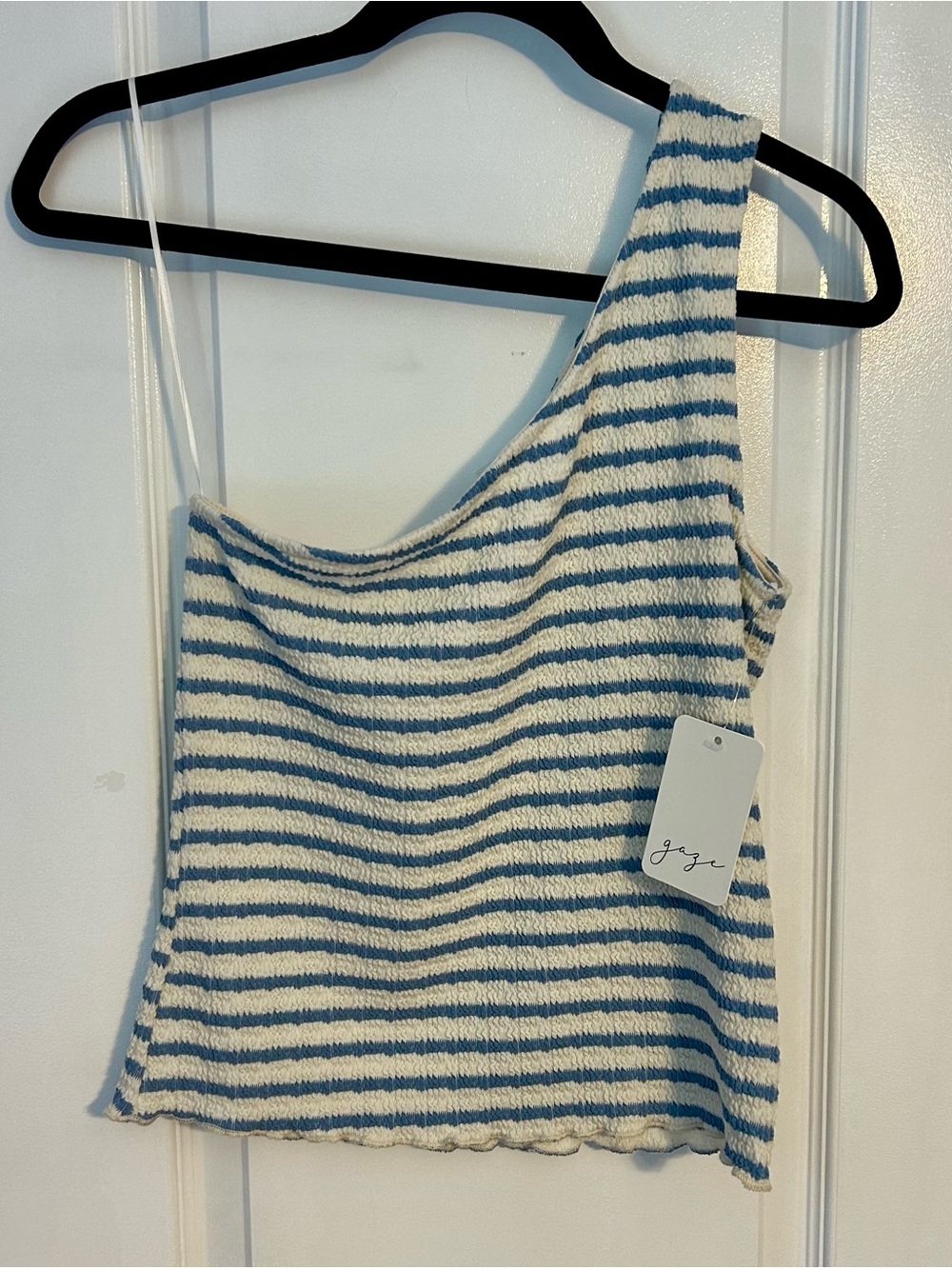 GAZE NWT Women's Chic One-Shoulder White & Blue Striped Stretchy Top -Size Large